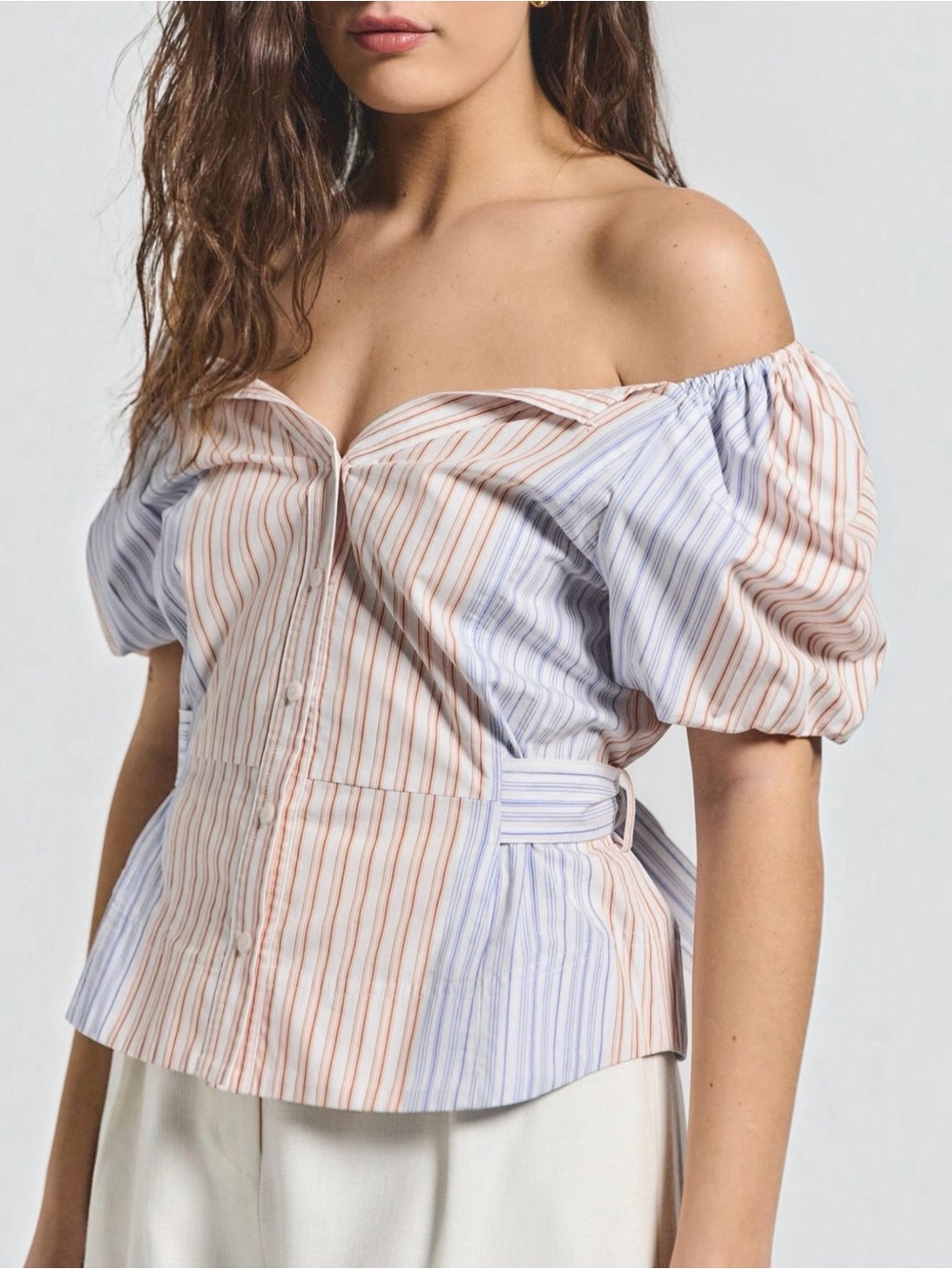 Derek Lam 10 Crosby Davina Women’s Short Puff Sleeve Cotton Stripe Belted Blouse